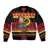 Vanuatu Christmas Sleeve Zip Bomber Jacket Joyeux Noel Surfing Santa With Boar Tusk - Polynesian Pride