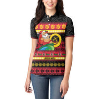 Vanuatu Christmas Women Polo Shirt Joyeux Noel Surfing Santa With Boar Tusk - Polynesian Pride