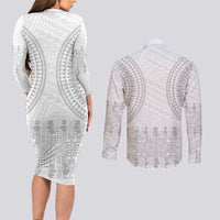 Niue White Sunday Couples Matching Long Sleeve Bodycon Dress and Long Sleeve Button Shirt Tapu Fanau Ia Puakenikeni Hiapo Pattern - Polynesian Pride