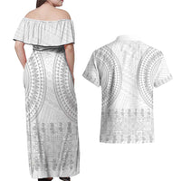 Niue White Sunday Couples Matching Off Shoulder Maxi Dress and Hawaiian Shirt Tapu Fanau Ia Puakenikeni Hiapo Pattern - Polynesian Pride