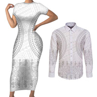 Niue White Sunday Couples Matching Short Sleeve Bodycon Dress and Long Sleeve Button Shirt Tapu Fanau Ia Puakenikeni Hiapo Pattern - Polynesian Pride