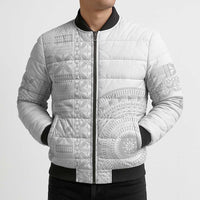 Niue White Sunday Bomber Puffer Jacket Half Hiapo Pattern Vibes - Polynesian Pride