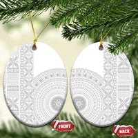 Niue White Sunday Ceramic Ornament Half Hiapo Pattern Vibes LT14 Oval White - Polynesian Pride