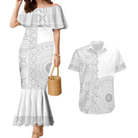 Niue White Sunday Couples Matching Mermaid Dress and Hawaiian Shirt Half Hiapo Pattern Vibes - Polynesian Pride