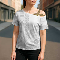 Niue White Sunday Cross Shoulder Shirt Half Hiapo Pattern Vibes - Polynesian Pride