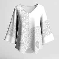 Niue White Sunday Kimono Sleeve Blouse Half Hiapo Pattern Vibes - Polynesian Pride