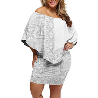 Niue White Sunday Off Shoulder Short Dress Half Hiapo Pattern Vibes - Polynesian Pride