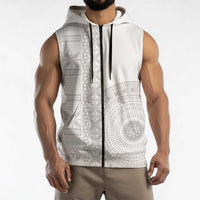 Niue White Sunday Sleeveless Zip Hoodie Half Hiapo Pattern Vibes LT14 - Polynesian Pride