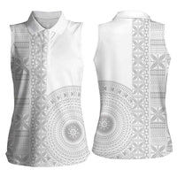 Niue White Sunday Women Sleeveless Polo Shirt Half Hiapo Pattern Vibes - Polynesian Pride