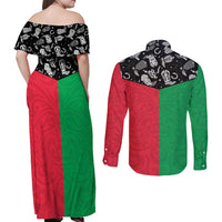 Vanuatu Cowboy Couples Matching Off Shoulder Maxi Dress and Long Sleeve Button Shirt Cowboy Symbols Split Stylized LT14 - Polynesian Pride