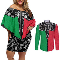 Vanuatu Cowboy Couples Matching Off Shoulder Short Dress and Long Sleeve Button Shirt Cowboy Symbols Split Stylized LT14 Green - Polynesian Pride