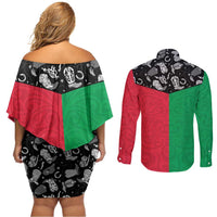 Vanuatu Cowboy Couples Matching Off Shoulder Short Dress and Long Sleeve Button Shirt Cowboy Symbols Split Stylized LT14 - Polynesian Pride