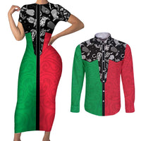 Vanuatu Cowboy Couples Matching Short Sleeve Bodycon Dress and Long Sleeve Button Shirt Cowboy Symbols Split Stylized LT14 Green - Polynesian Pride