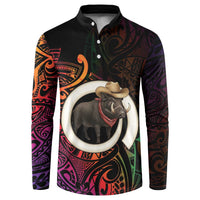 Vanuatu Boar Cowboy Button Sweatshirt Tusk Gradient Polynesian Pattern LT14 Black - Polynesian Pride