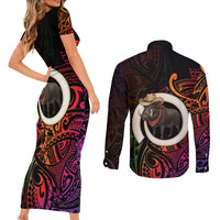Vanuatu Boar Cowboy Couples Matching Short Sleeve Bodycon Dress and Long Sleeve Button Shirt Tusk Gradient Polynesian Pattern LT14 - Polynesian Pride