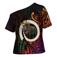 Vanuatu Boar Cowboy Cross Shoulder Shirt Tusk Gradient Polynesian Pattern LT14 - Polynesian Pride