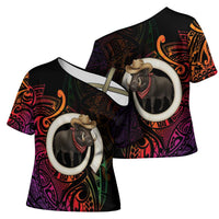 Vanuatu Boar Cowboy Cross Shoulder Shirt Tusk Gradient Polynesian Pattern LT14 - Polynesian Pride