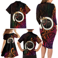 Vanuatu Boar Cowboy Family Matching Long Sleeve Bodycon Dress and Hawaiian Shirt Tusk Gradient Polynesian Pattern - Polynesian Pride