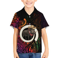 Vanuatu Boar Cowboy Family Matching Off Shoulder Short Dress and Hawaiian Shirt Tusk Gradient Polynesian Pattern - Polynesian Pride