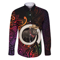 Vanuatu Boar Cowboy Family Matching Puletasi and Hawaiian Shirt Tusk Gradient Polynesian Pattern LT14 Dad's Shirt - Long Sleeve Black - Polynesian Pride