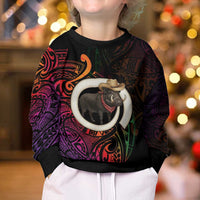 Vanuatu Boar Cowboy Kid Ugly Christmas Sweater Tusk Gradient Polynesian Pattern - Polynesian Pride