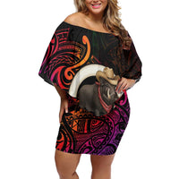 Vanuatu Boar Cowboy Off Shoulder Short Dress Tusk Gradient Polynesian Pattern - Polynesian Pride