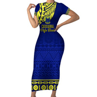 Personalised Fiji Natabua High School Short Sleeve Bodycon Dress Fijian Tapa Pattern LT14 Long Dress Blue - Polynesian Pride
