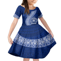 Personalised Fiji Queen Victoria School Family Matching Off Shoulder Long Sleeve Dress and Hawaiian Shirt Fijian Tapa Pattern LT14 Daughter's Dress Blue - Polynesian Pride