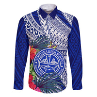Personalised Samoana High School Family Matching Off Shoulder Maxi Dress and Hawaiian Shirt American Samoa Schools Polynesian Tropical Flowers LT14 Dad's Shirt - Long Sleeve Blue - Polynesian Pride