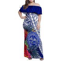 Personalised Samoana High School Family Matching Off Shoulder Maxi Dress and Hawaiian Shirt American Samoa Schools Polynesian Tropical Flowers LT14 Mom's Dress Blue - Polynesian Pride