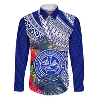 Personalised Samoana High School Family Matching Short Sleeve Bodycon Dress and Hawaiian Shirt American Samoa Schools Polynesian Tropical Flowers LT14 Dad's Shirt - Long Sleeve Blue - Polynesian Pride