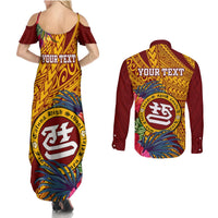 Personalised Tafuna High School Couples Matching Summer Maxi Dress and Long Sleeve Button Shirt American Samoa Schools Polynesian Tropical Flowers LT14 - Polynesian Pride