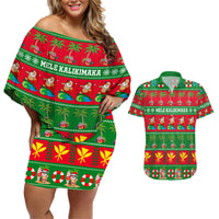 Personalised Hawaii Christmas Couples Matching Off Shoulder Short Dress and Hawaiian Shirt Mele Kalikimaka LT14 Green - Polynesian Pride