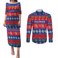 Personalised Guam Christmas Couples Matching Puletasi Dress and Long Sleeve Button Shirt Felis Pasgua LT14 Blue - Polynesian Pride