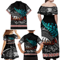 Personalised New Zealand Waka Family Matching Off Shoulder Maxi Dress and Hawaiian Shirt Aotearoa Maori Silver Fern Pattern LT14 - Polynesian Pride