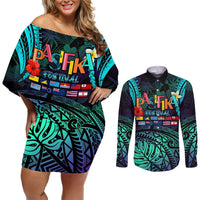 Personalised Pasifika Festival Auckland Couples Matching Off Shoulder Short Dress and Long Sleeve Button Shirt 2024 Pacific Islands Polynesian Pattern LT14 Purple - Polynesian Pride