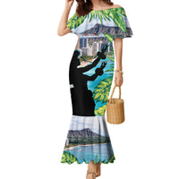 Personalised Honolulu Aloha Hawaii Family Matching Mermaid Dress and Hawaiian Shirt Tropical Leaves With Hula Girl LT14 Mom's Dress Blue - Polynesian Pride