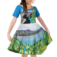 Personalised Honolulu Aloha Hawaii Family Matching Off Shoulder Long Sleeve Dress and Hawaiian Shirt Tropical Leaves With Hula Girl LT14 Daughter's Dress Blue - Polynesian Pride