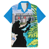 Personalised Honolulu Aloha Hawaii Family Matching Off Shoulder Long Sleeve Dress and Hawaiian Shirt Tropical Leaves With Hula Girl LT14 Dad's Shirt - Short Sleeve Blue - Polynesian Pride