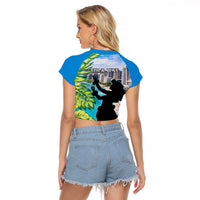 Personalised Honolulu Aloha Hawaii Raglan Cropped T Shirt Tropical Leaves With Hula Girl LT14 - Polynesian Pride