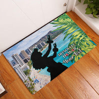 Personalised Honolulu Aloha Hawaii Rubber Doormat Tropical Leaves With Hula Girl LT14 Blue - Polynesian Pride