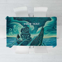Personalised New Zealand Waitangi Day Tablecloth Hei Tiki With Maori Waka - Whakarare Pattern LT14 Dark Cyan - Polynesian Pride