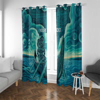 Personalised New Zealand Waitangi Day Window Curtain Hei Tiki With Maori Waka - Whakarare Pattern LT14 With Grommets Dark Cyan - Polynesian Pride