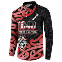 New Zealand 1840 Waitangi Day Button Sweatshirt Aotearoa Haka Mask - Red Version LT14 - Polynesian Pride
