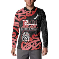 New Zealand 1840 Waitangi Day Button Sweatshirt Aotearoa Haka Mask - Red Version LT14 - Polynesian Pride