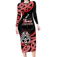 New Zealand 1840 Waitangi Day Long Sleeve Bodycon Dress Aotearoa Haka Mask - Red Version