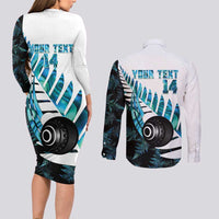 New Zealand Lawn Bowls Custom Couples Matching Long Sleeve Bodycon Dress and Long Sleeve Button Shirt Aotearoa Silver Fern Paua Shell - Polynesian Pride