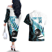 New Zealand Lawn Bowls Custom Couples Matching Off The Shoulder Long Sleeve Dress and Hawaiian Shirt Aotearoa Silver Fern Paua Shell - Polynesian Pride