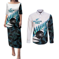 New Zealand Lawn Bowls Custom Couples Matching Puletasi and Long Sleeve Button Shirt Aotearoa Silver Fern Paua Shell - Polynesian Pride