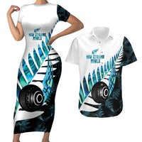 New Zealand Lawn Bowls Custom Couples Matching Short Sleeve Bodycon Dress and Hawaiian Shirt Aotearoa Silver Fern Paua Shell - Polynesian Pride